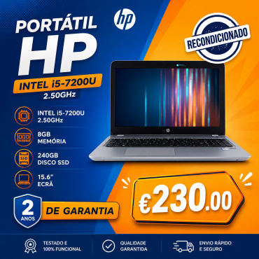 Portátil HP INTEL i5-7200U 2.50GHz, 8GB memória, disco SSD 240GB, Ecrã 15.6" (RECONDICIONADO) com 2 Anos de Garantia