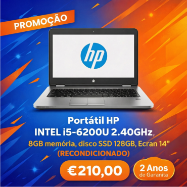 Portátil HP INTEL i5-6200U 2.40GHz, 8GB memória, disco SSD 128GB, Ecran 14" (RECONDICIONADO) com 2 Anos de Garantia