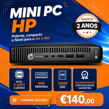 Mini PC HP Intel i3-6100T 3.20GHZ, 8GB Memória, disco SSD 128GB (RECONDICIONADO) com 2 Anos de Garantia