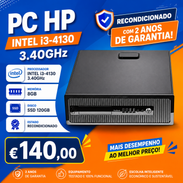 PC HP Intel i3-4130 3.40GHZ, 8GB Memória, disco SSD 120GB (RECONDICIONADO) com 2 Anos de Garantia